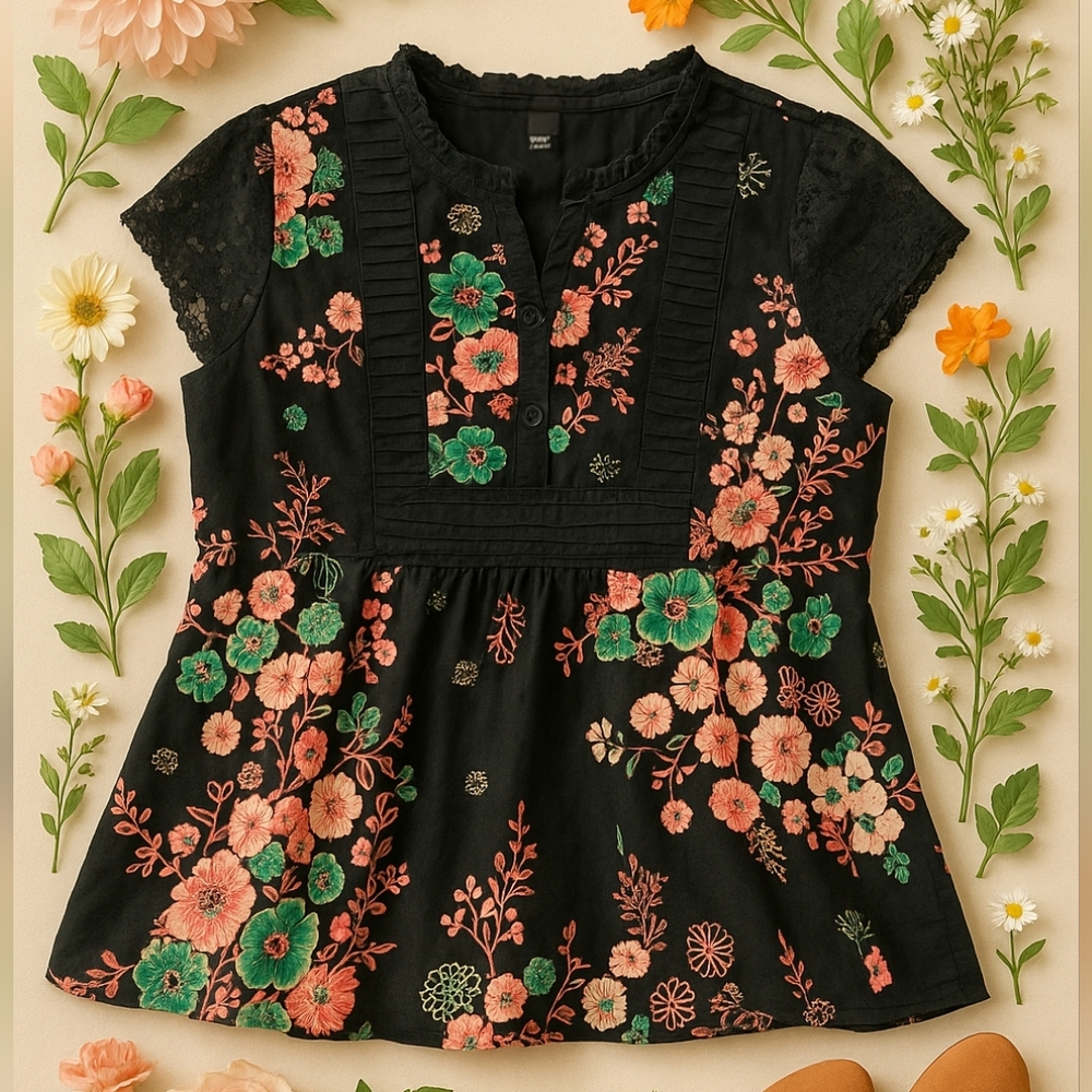 Wet Seal Black Blouse with Floral Embroidery
